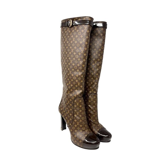 LOUIS VUITTON Vintage LV Monogram Long Boots #37.5 Heels Brown Black [106224] - Picture 4 of 13